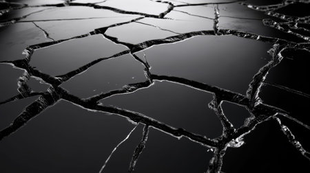 This is a captivating black and white photograph depicting a cracked stone floor, showing the texture and details of its surfaceの素材