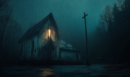 A quaint church featuring a prominent cross is mysteriously nestled in the heart of a dense forest, shrouded in darkness during the nightの素材