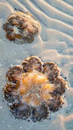 A close-up photograph of a jellyfish lying on a sandy beach, showing its translucent, textured body...