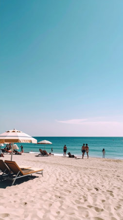 A vibrant vertical shot capturing a beautiful beach with people enjoying the sunny weather. High quality photoの素材
