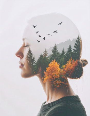 This artwork features a stunning double exposure technique combining the visage of a woman with the serene beauty of a forest in a captivating mannerの素材