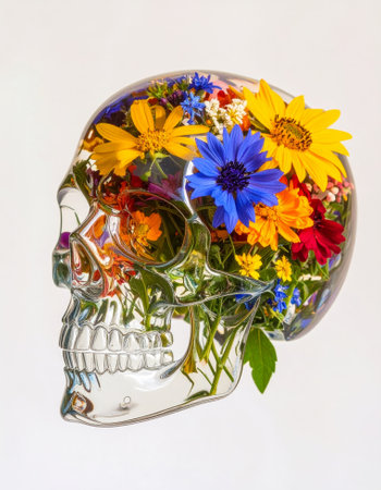 An intricately designed skull overflowing with vibrant flowers and lush leaves set against a pristine white background that enhances its beautyの素材