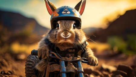 A small rabbit, curious and adventurous, is wearing a protective helmet while his happily riding on a colorful motorcycle through the parkの素材