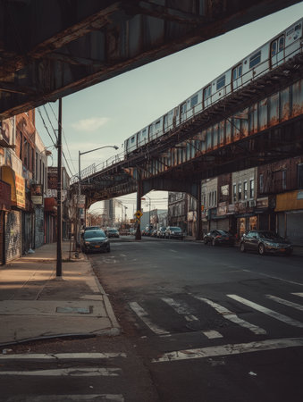 Urban Subway Train on Elevated Tracks in Brooklyn Description: An elevated subway train passes over a street in a vibrant urban neighborhood, characterized by old buildings and a classic city atmosphere. High quality photoの素材