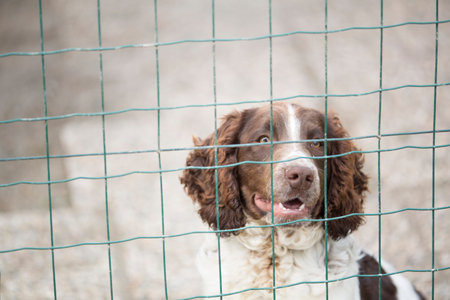 A soulful brown and white spaniel dog looking directly through the squares of a metal fence,...