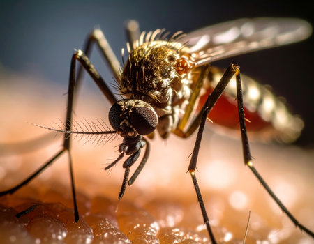 Extreme close-up of a mosquito with a blood-filled abdomen, piercing human skin, highlighting disease transmission risk. High quality photoの素材
