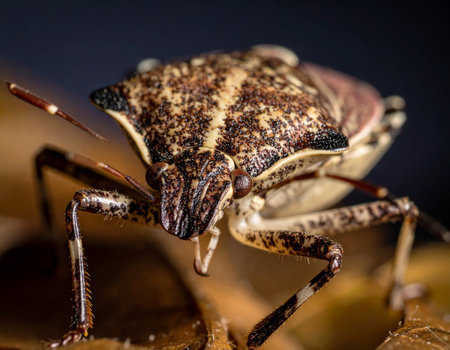 Close-up of a brown marmorated stink bug, showing its unique shield-shaped body, camouflage patterns, and antennae. High quality photoの素材