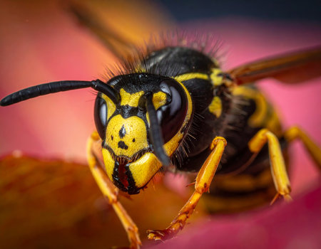 Ultra close-up of a yellow jacket wasp's head, revealing intricate facial details, antennae, and striking yellow and black patterns. High quality photoの素材