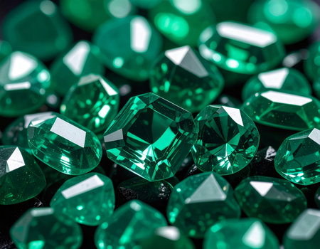 Close-up of numerous cut and polished green emerald gemstones, sparkling with brilliance on a dark background. High quality photoの素材