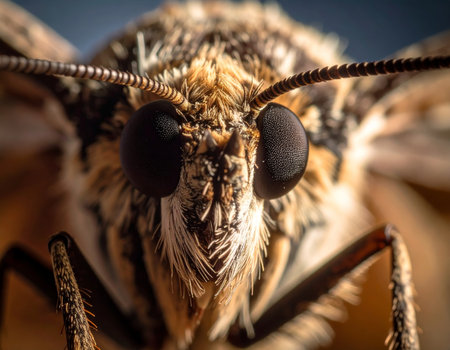 Ultra close-up of a moths head, revealing its large compound eyes, fuzzy antennae, and intricate facial hairs in sharp detail. High quality photoの素材