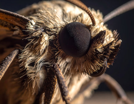 Ultra close-up of a moths head, revealing its large compound eyes, fuzzy antennae, and intricate facial hairs in sharp detail. High quality photoの素材