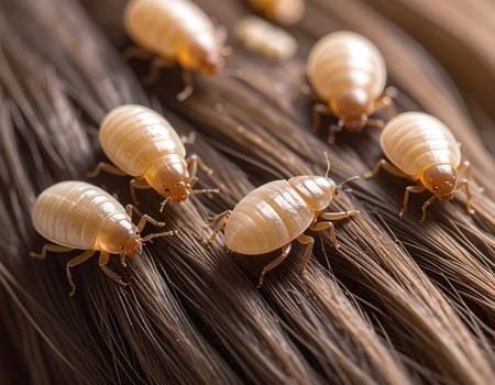 Macro shot showing multiple head lice crawling on strands of human hair, highlighting infestationの素材