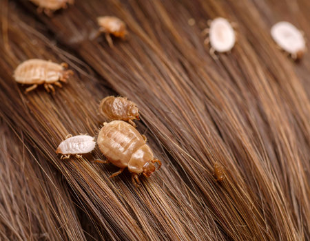 Macro shot showing multiple head lice crawling on strands of human hair, highlighting infestation. High quality photoの素材