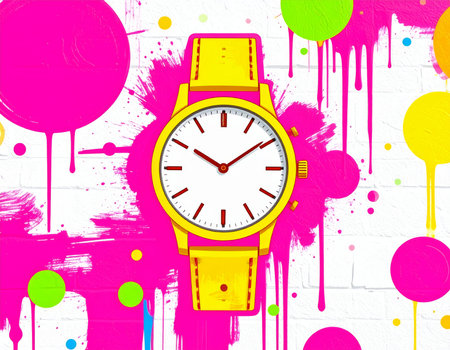 A stunning yellow watch elegantly displayed against a backdrop of colorful paint splashes. Perfect for fashion and accessory imagery.の素材