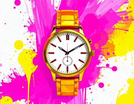 A stunning yellow watch elegantly displayed against a backdrop of colorful paint splashes. Perfect for fashion and accessory imagery.の素材