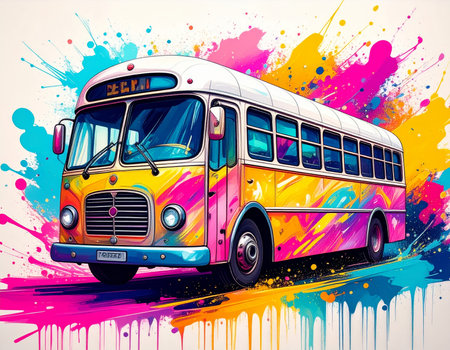 A stylish retro bus splashed with vibrant colors and artistic brushstrokes, showcasing a blend of classic and modern design elements.の素材
