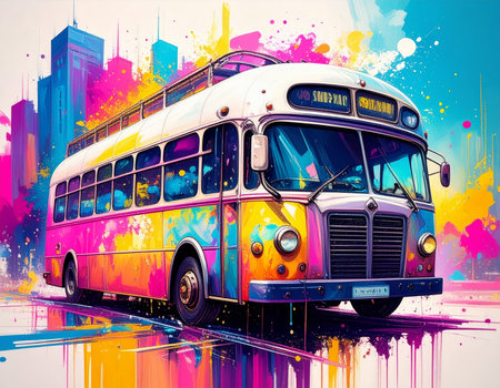 A stylish retro bus splashed with vibrant colors and artistic brushstrokes, showcasing a blend of classic and modern design elements.の素材