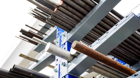 A low-angle shot of a storage rack in a warehouse, filled with a variety of long metal bars, rods,...