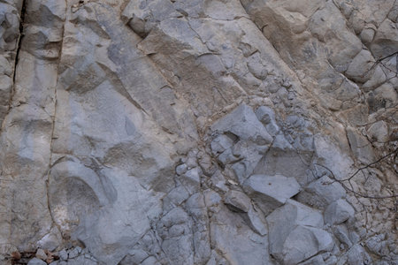 A close-up view of a rugged rock face, showing a complex and detailed texture with various cracks,...