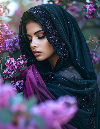 An elegant and beautiful woman with striking eyes wearing a black and purple headcarf. She stands in a lush garden of blooming flowers, creating a romantic and mysterious mood. High quality photoの素材