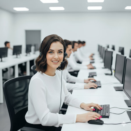 A friendly woman with a headset smiles at the camera while working with her team in a busy call center. A concept for customer service, support, and communication. High quality photoの素材
