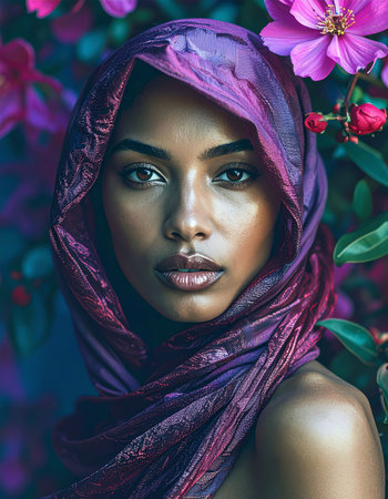 A beautiful, serene woman with her eyes closed, surrounded by blooming purple lilac flowers. A romantic concept for nature, fragrance, beauty, and aromatherapy. High quality photoの素材