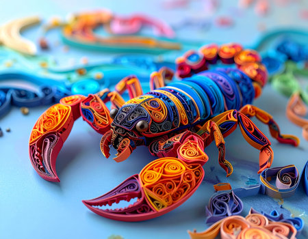 A vibrant and intricate illustration of a scorpion, the symbol for the Scorpio zodiac sign, created in the style of paper quilling and papercraft. High quality photoの素材