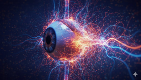 A futuristic human eye connected to a glowing neural network. A concept for AI, machine vision, biometrics, neuroscience, and data processing. High quality photoの素材