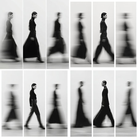 A high-fashion model walks in a black and white sequence, alternating between sharp focus and motion blur. An artistic concept of time, movement, and style. High quality photoの素材