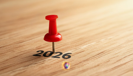 A red push pin marks the year 2026 on a wooden surface. Concept of setting new goals, planning for the future, and making resolutions. High quality photoの素材