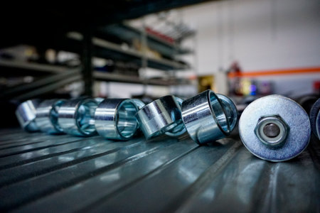 A close-up view of several shiny metal industrial components, possibly nuts or sleeves, lined up on a grooved metal shelf in a factory or warehouse. High quality photoの写真素材