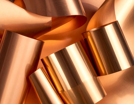 A close-up abstract background of luxurious, shiny bronze or copper-colored fabric. The smooth silk or satin textile has elegant, flowing folds and rich highlights. High quality photoの素材