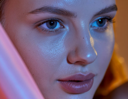 A close-up beauty portrait of a young woman's face with flawless skin, illuminated by artistic blue and pink colored gel lights. High quality photoの素材