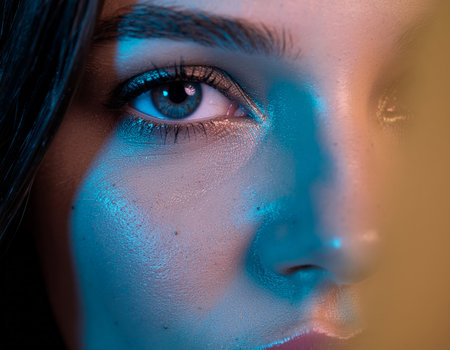 A macro close-up of a beautiful woman's eye and face, lit with artistic blue and orange color gels, creating a moody, cinematic split-lighting effect. High quality photoの素材