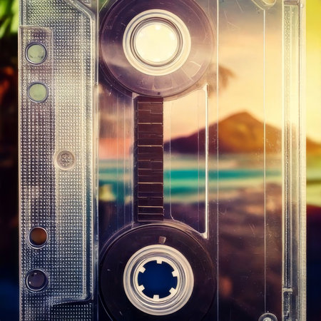 A macro close-up of a transparent vintage audio cassette tape. The rear object is illuminated by warm, golden sunset light, highlighting its details. High quality photoの素材