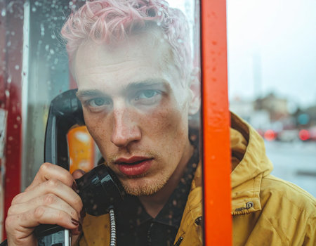 distressed young white male speaks urgently into phone amid pouring rain and cinematic eveningの素材