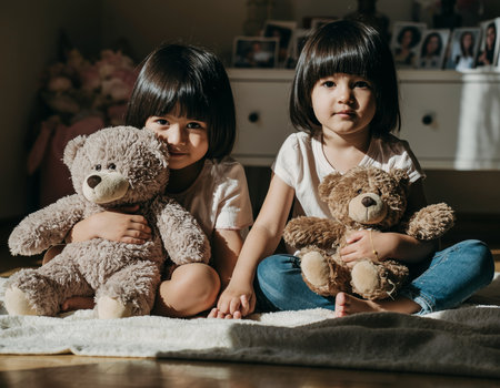 A heartwarming portrait of two adorable twin toddlers sitting side-by-side on a bed, each hugging their own brown teddy bear. High quality photoの素材
