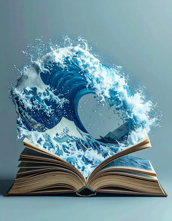 A surreal, dynamic ocean wave emerges from the center of an open storybook. A concept for imagination, fantasy, and knowledge. High quality photoの素材
