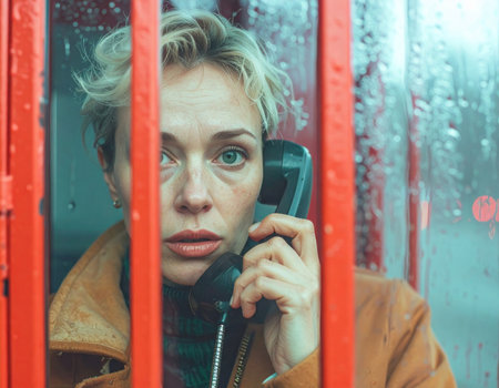 A worried woman with an anxious expression makes an urgent call from a rainy city phone booth at night, looking out through the wet glass. High quality photoの素材