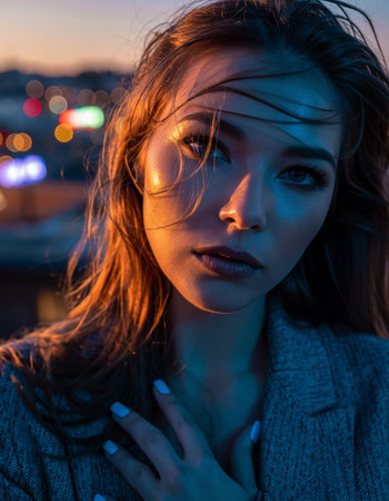Close-up of a woman smiling with glitter makeup and hair blowing over her face, illuminated by warm orange backlight and cool blue light, with manicured hands. High quality photoの素材