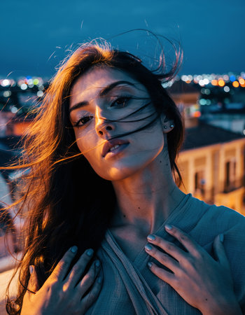Extreme close-up of a woman on a city rooftop with hair covering her face, red lipstick, and a wedding ring, dramatically lit by orange and blue contrasting tones. High quality photoの素材