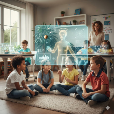 A group of diverse elementary school children sitting on a rug in a classroom, looking at a large futuristic holographic display showing a glowing human anatomy model. High quality photoの素材