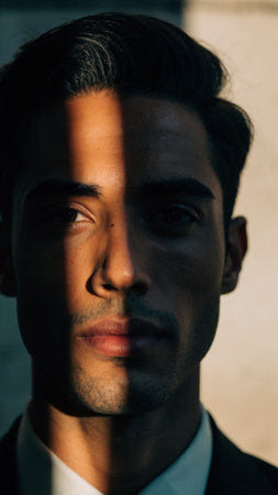 Extreme close-up, vertical portrait of a handsome man in a suit, with his face sharply divided into light and shadow by a single, harsh strip of warm sunlight. High quality photoの素材