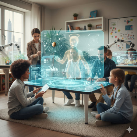 Diverse group of adults and children family, teachers gathered around a futuristic table with a large holographic interface showing solar system models and data in a bright, modern classroom. High quality photoの素材