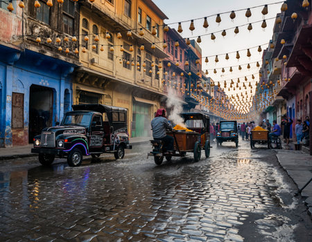 A lively street scene in India with ornate buildings, hanging lights, street food vendors, corn steaming from carts, and vehicles on a wet cobblestone street at dusk. High quality photoの素材
