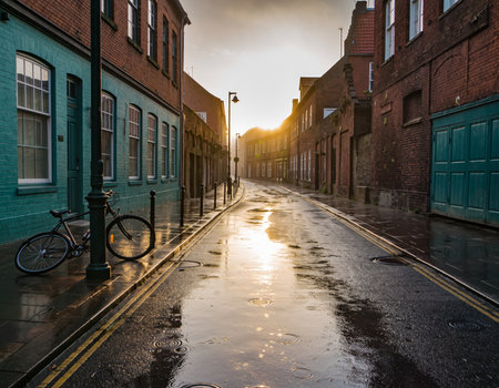 A moody, atmospheric scene on a foggy, wet, cobblestone street corner at night. A lone bicycle leans against a brick building, illuminated by a glowing vintage streetlamp. High quality photoの素材