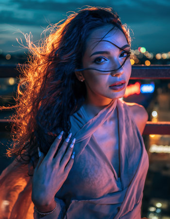 Sensual portrait of a woman in a low-cut, flowing garment on a rooftop. Her hair is windblown, dramatically highlighted by warm orange backlight and cool blue frontal light, with city bokeh in the background. High quality photoの素材