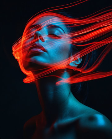 artistic depiction of female model immersed in futuristic neon illumination and conceptual fashionの素材