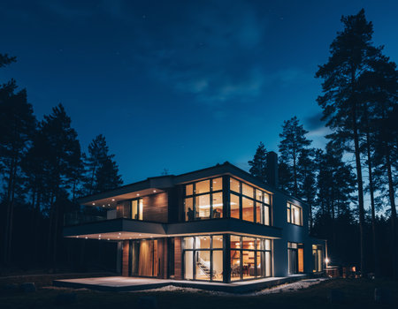 sleek modern house with luminous interior, elegant glass structure at twilight with naturalの素材