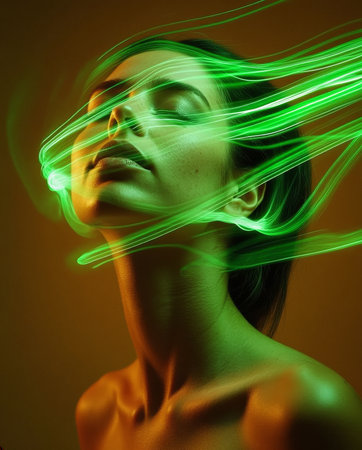 artistic depiction of female model immersed in futuristic neon illumination and conceptual fashionの素材